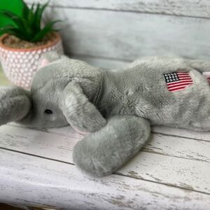 TY RIGHTY the ELEPHANT BEANIE baby 2000 Light Gray American Flag 12” Vintage